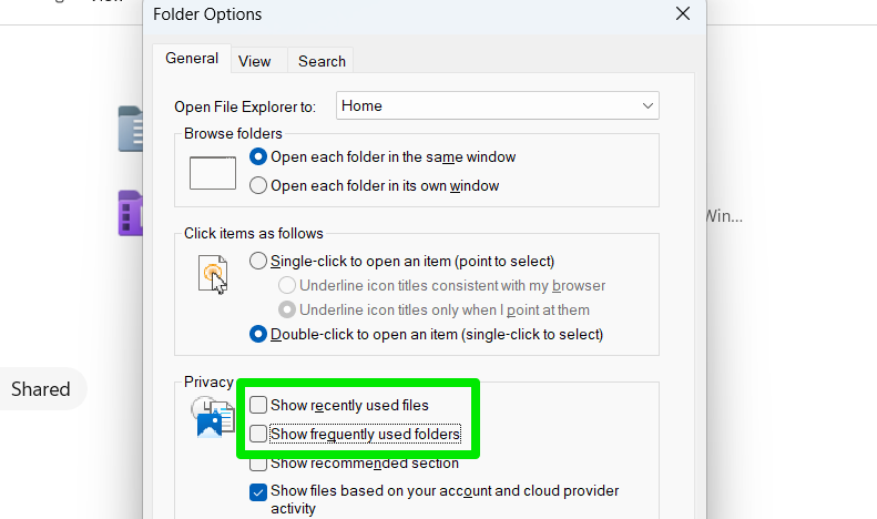 open to hide most recent files and folder