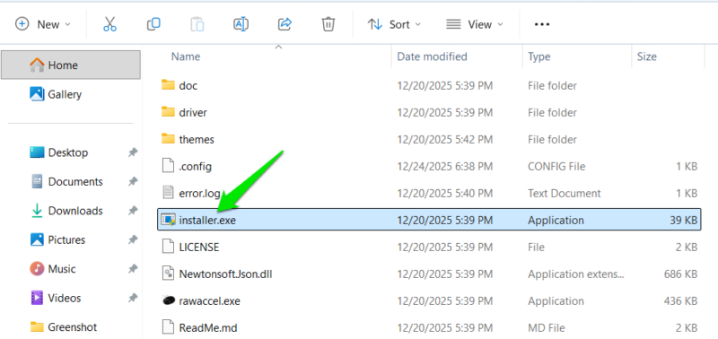 Raw Accel folder and files
