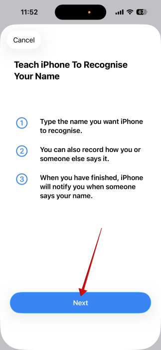 Tapping "Next" on pop-up describing Name Recognition feature on iPhone. 