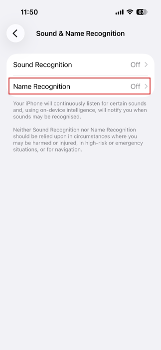 Selecting "Name Recognition" in iPhone Settings. s