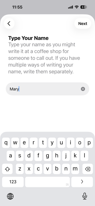 Typing name in Name Recognition feature on iPhone. 