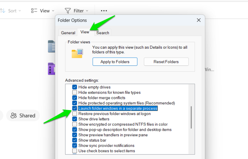 Launch Separate Process option in Folder Options View tab