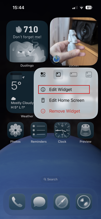 Tapping on "Edit widget" button for Locket widget on iPhone. 