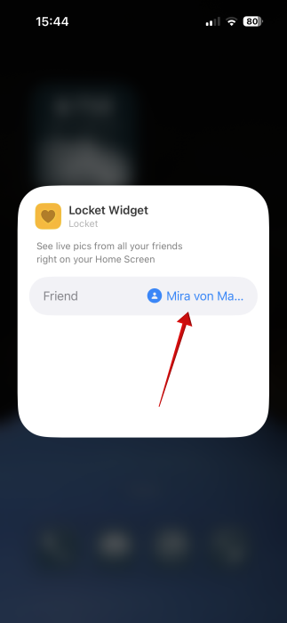 Selecting contact for Locket widget on iPhone. 