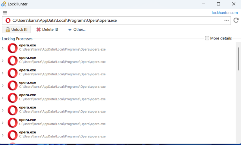 LockHunter showing Opera processes locking file