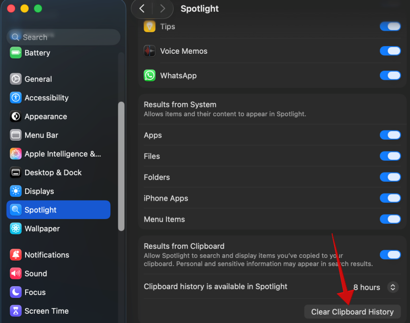 Clicking on "Clear Clipboard History" option to delete all copy history on Mac. 