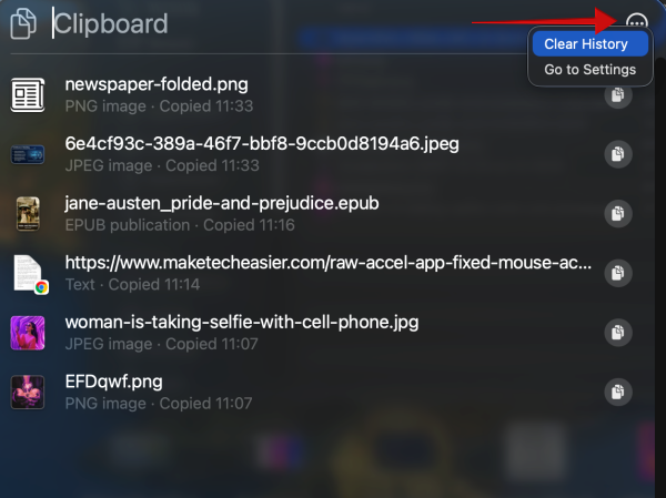 Selecting "Clear History" option from Clipboard history on Mac.