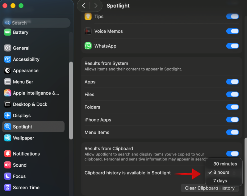 Setting for how long Spotlight should retain Clipboard history on Mac. 