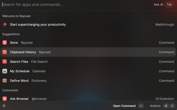 Raycast command view on Mac.