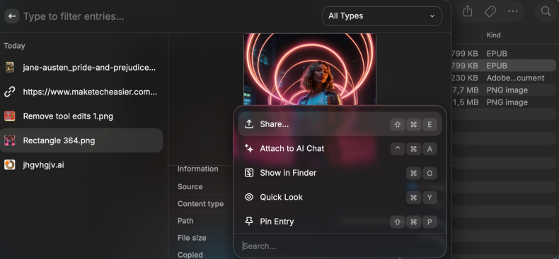 Options for item in Clipboard history while using Raycast on Mac. 