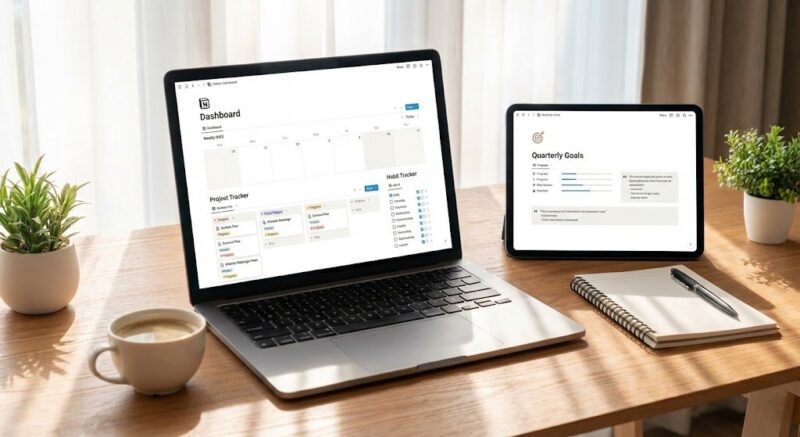 Organized Notion Dashboard Productivity Setup On Laptop And Tablet