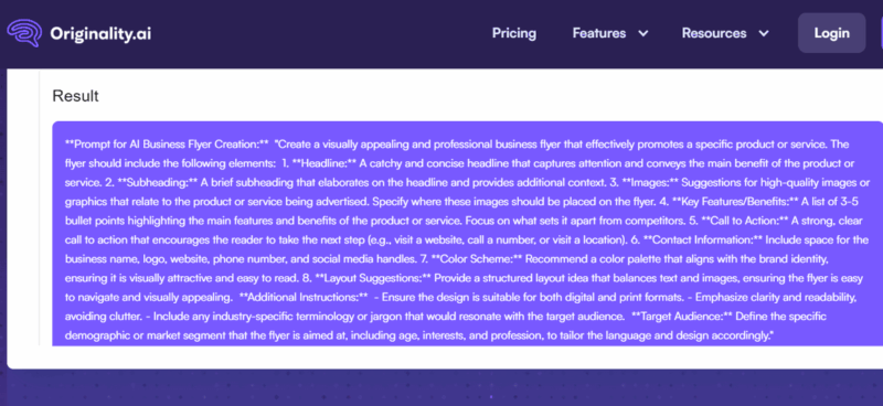 Originality Ai Prompt Generator showing a complete prompt