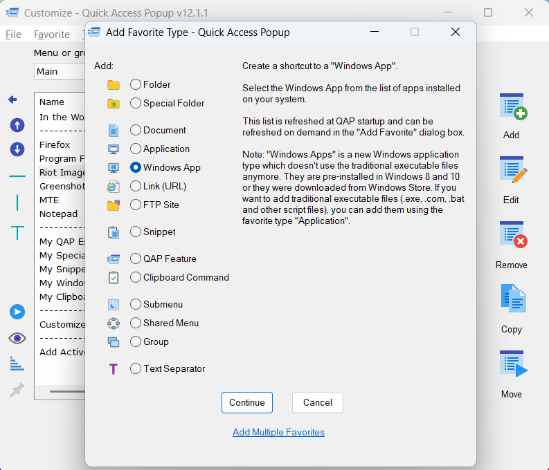 Quick Access Popup adding new favorite