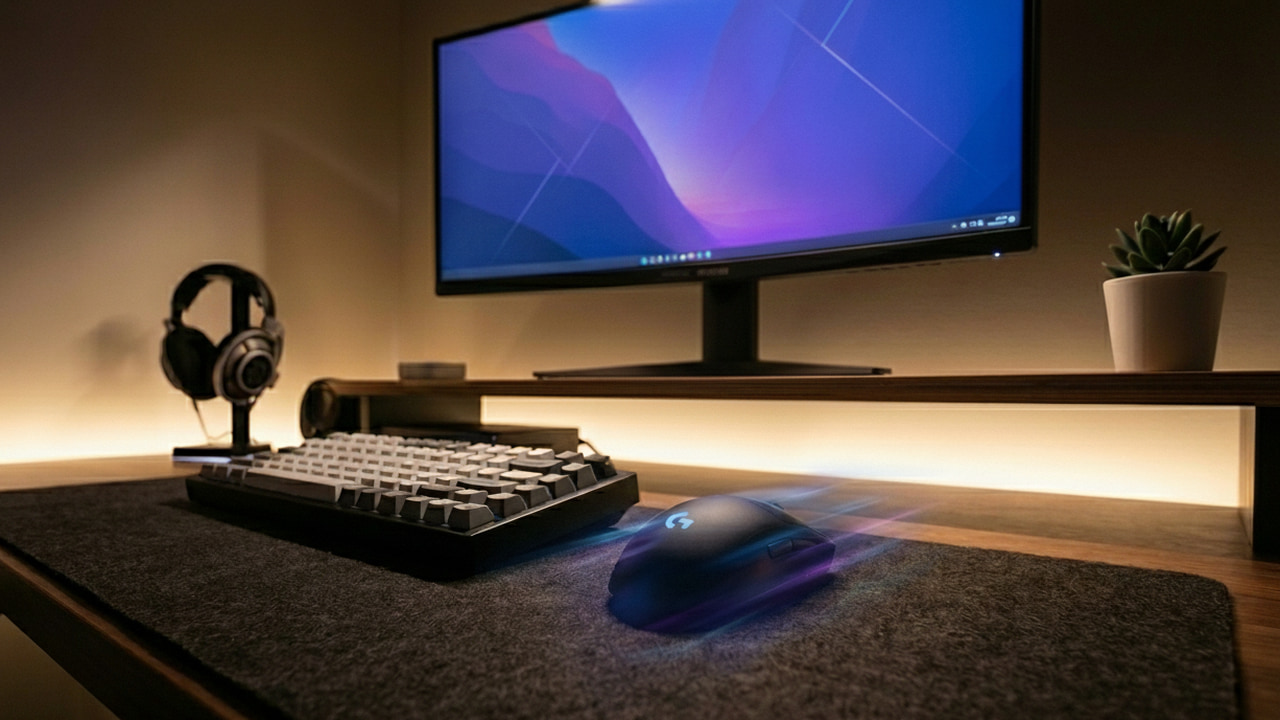 Desktop PC setup with mouse in focus with acceleration effect