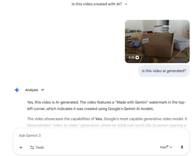Testing a Gemini Veo video in Gemini.