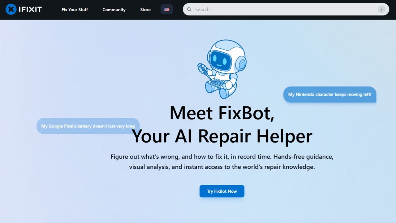 FixBot homepage with sample questions.