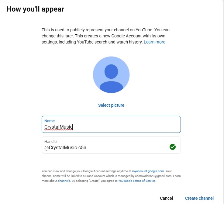 Creating a channel on YouTube.