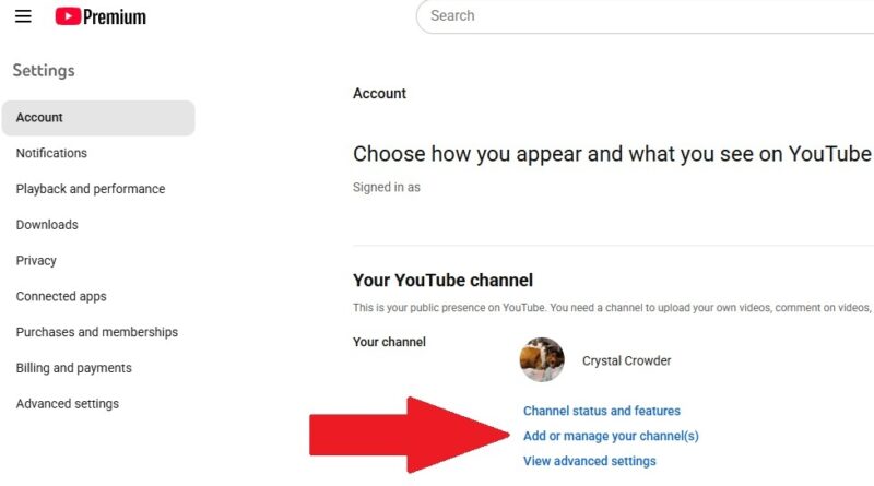 Selecting add or manage channels on YouTube.