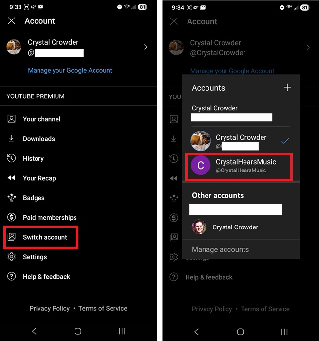 Switching to a second profile in YouTube Music on Android.