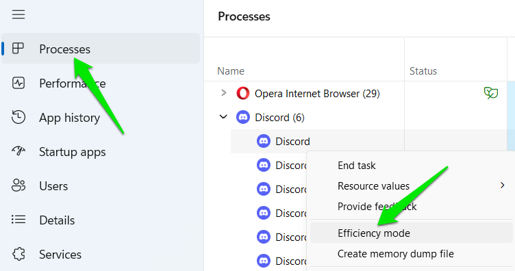 Settings Efficiency mode for Discord in Task Manager
