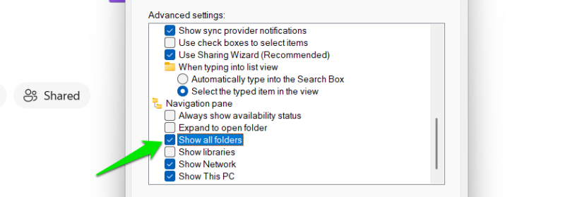 Show All Folders option in Folder Options
