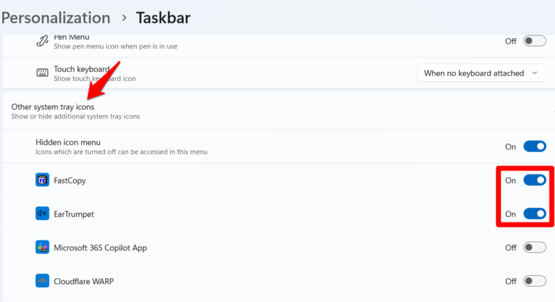 Show Tray Icons in tasbar settings