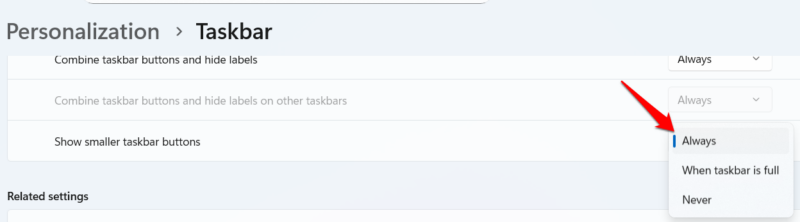 enabling smaller Taskbar Buttons in taskbar settings