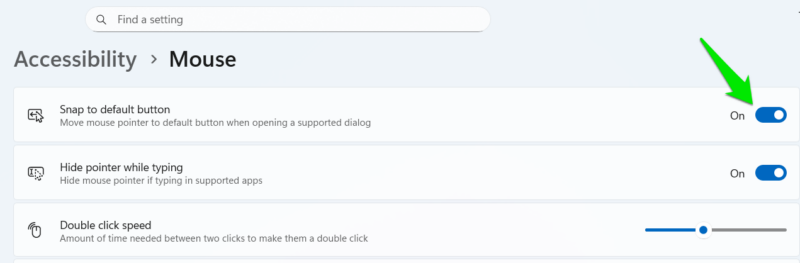 Snap To Default Button option in Windows Settings