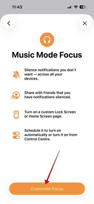 Tapping on "Customise Focus" option in iPhone Settings.