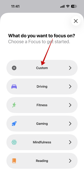 Selecting "Custom" option for new Focus mode.