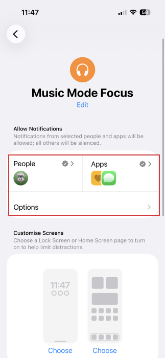Adding People an Apps to allow notifications for in new Focus mode on iPhone. 