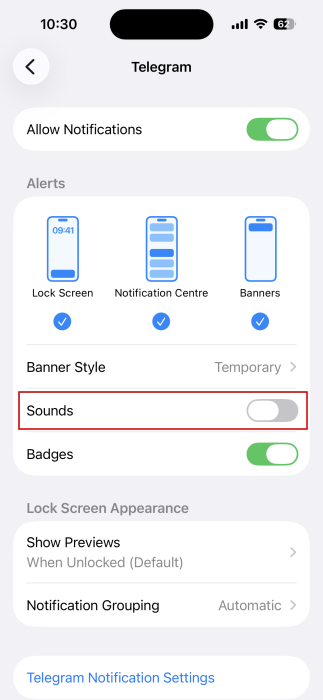 Turning "Sound" off for specific app notifications on iPhone. 