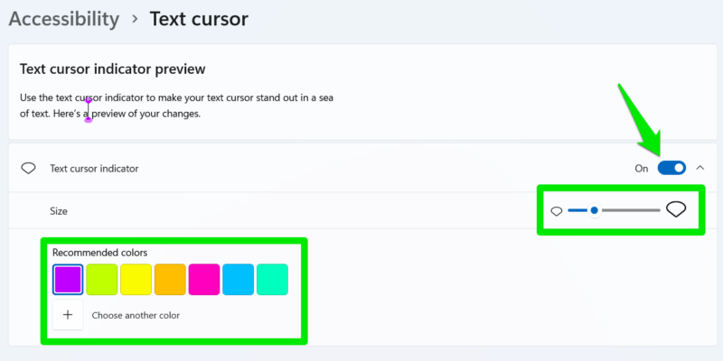 Text Cursor Indicator with color customization in Windows settings