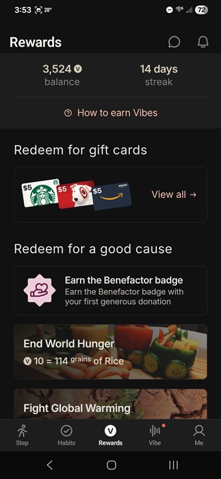 Rewards to redeem for Vibes.