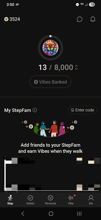 Step tracker in the NoomVibe app.