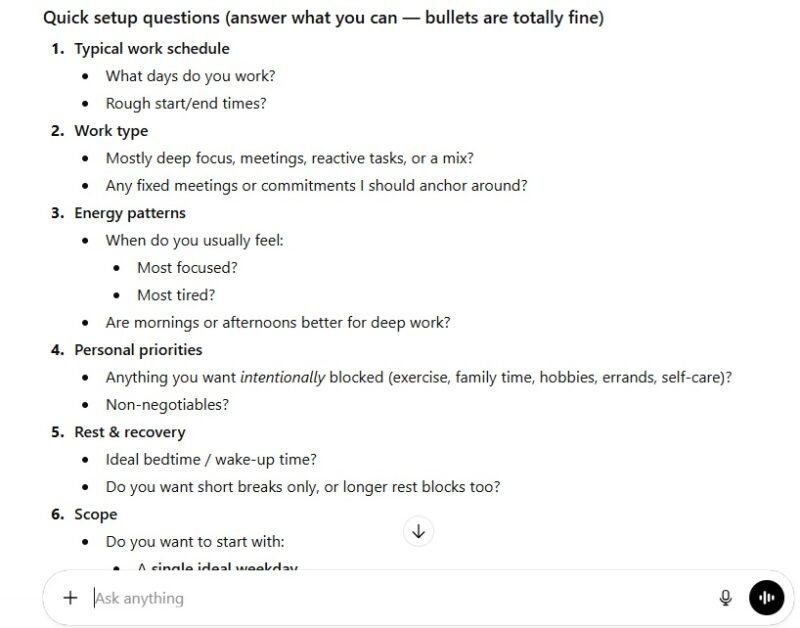 Sample profile questions from ChatGPT.