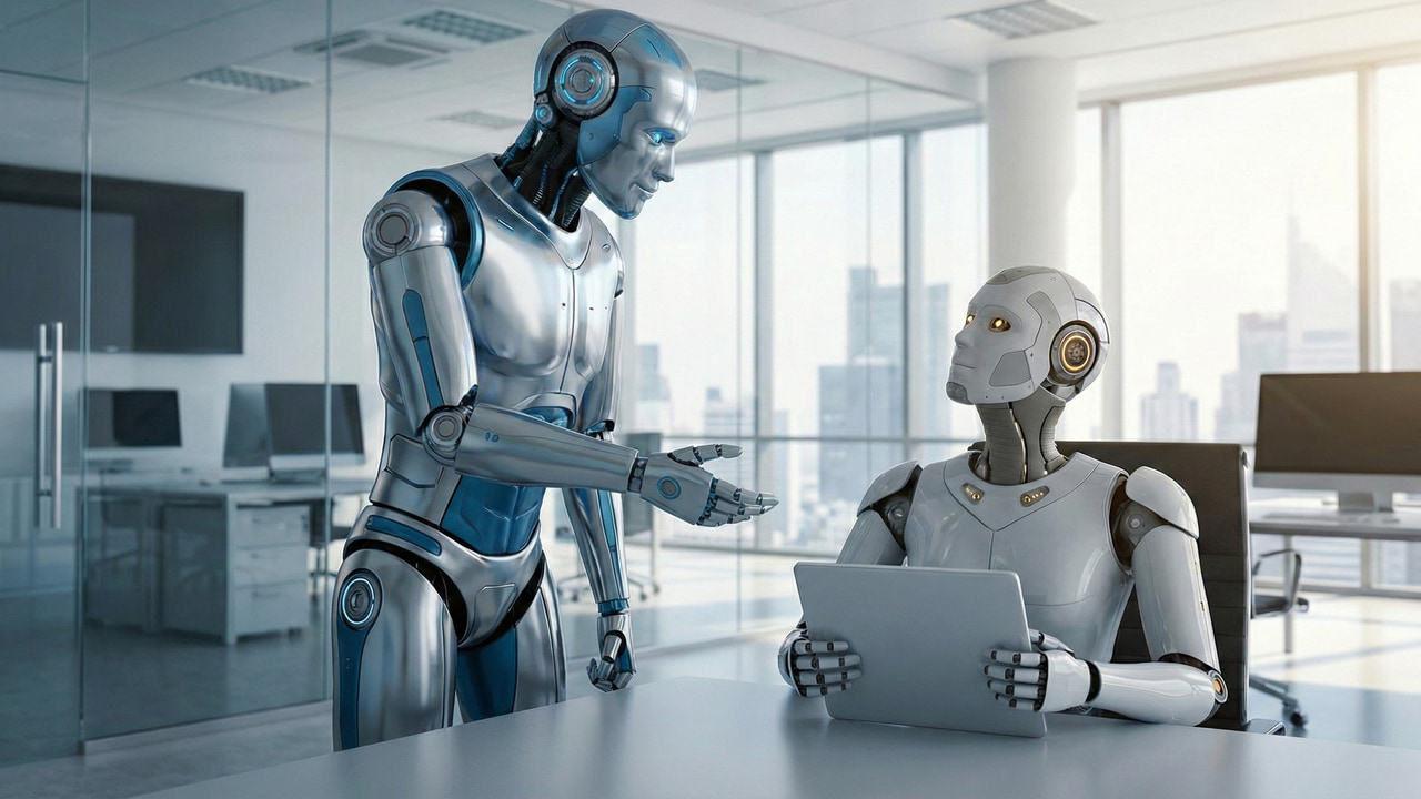 two AI bot in an office with one instructing the other