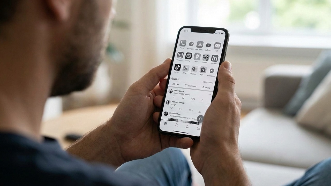 A man looking at a phone with grayscale enabled showing app icons