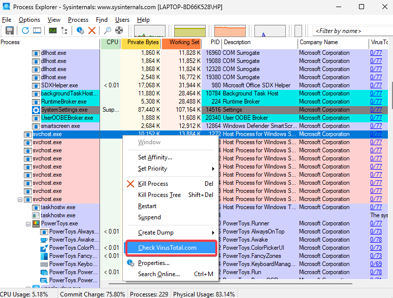Process Explorer  do Virustotal Scan