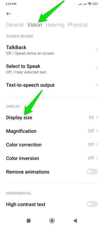 Vision Settings with display size in focus