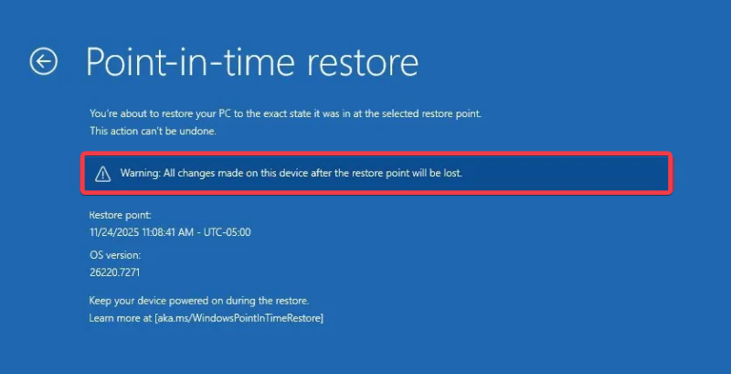 Warning Restore Point