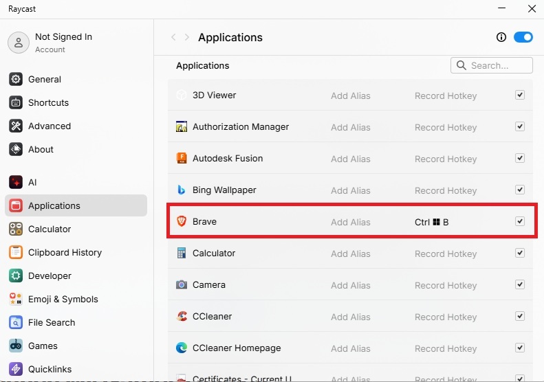 Setting application shortcuts in Raycast.