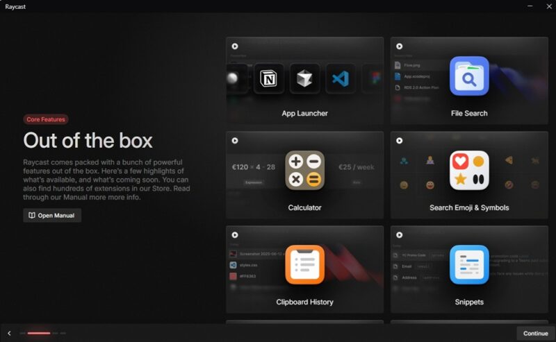 Core features included with Raycast for Windows.