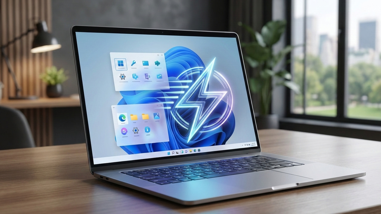 WIndows 11 laptop on a table showing Windows apps and a lightening symbol