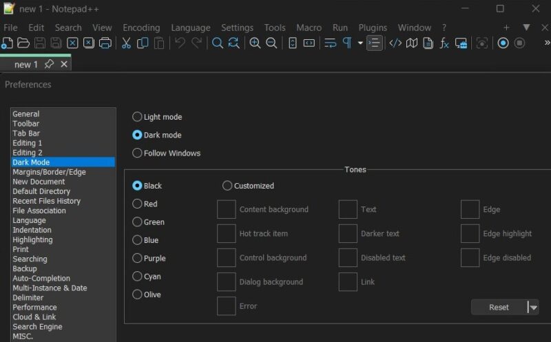 Dark Mode Settings In The Preferences Of Notepadplusplus