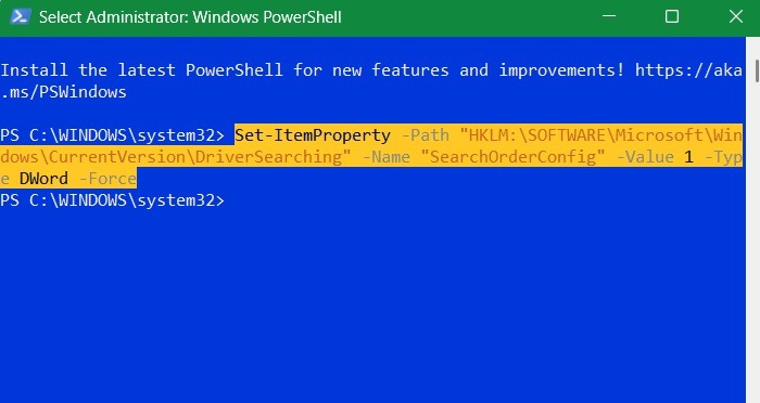 The "SearchOrderConfig" value in PowerShell set to "1" instead of "0"to unblock automatic driver updates.