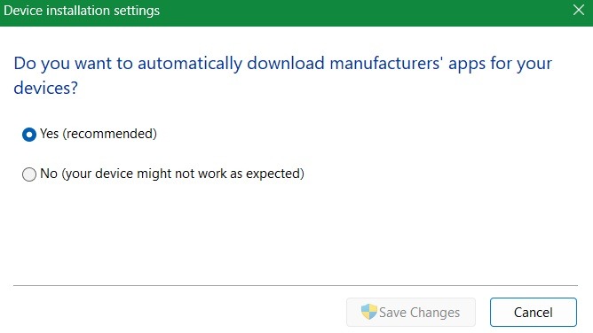 Select "Yes" for Automatically download manufacturer apps for Device installation settings.