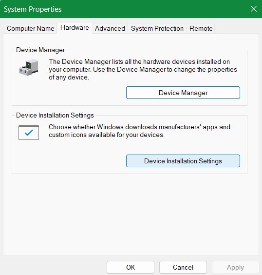 Select "Device Installation Settings" button in System Properties.