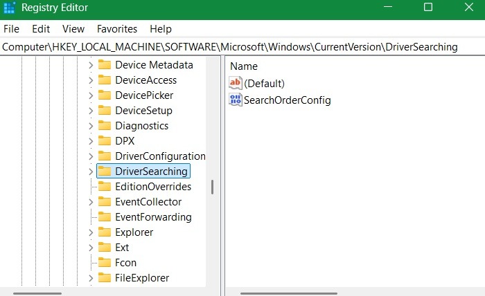 Select "Driver Searching" key in Windows Registry Editor.