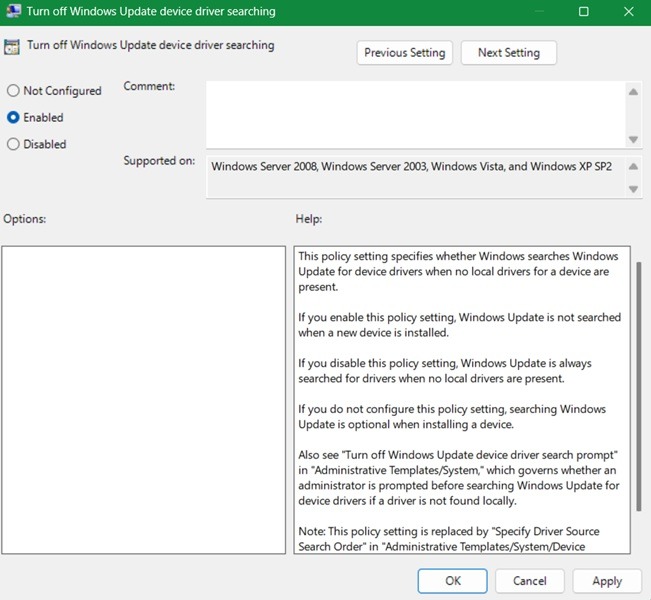 Advanced settings window to enable turning off automatic Windows driver updates in Group Policy.